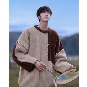Design Niqi Pullover Patchwork Contrast Color Sweater For Boys Autumn And Winter (Option: Khaki-M)