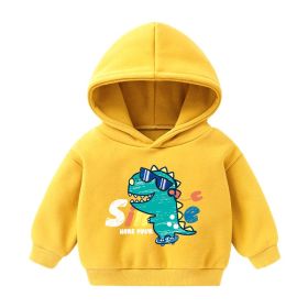 Children's Hooded Sweatshirt Fleece-lined Autumn And Winter Cartoon Printed Long-sleeved Top (Option: Yellow Glasses Dinosaur-90cm)