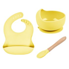 Baby Tableware Solid Food Bowl Silicone Bib Wooden Spoon Three-piece Set (Color: Yellow)