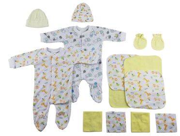Sleep-n-Plays, Caps, Mittens and Washcloths - 14 pc Set (Color: White/Yellow, size: Newborn)