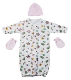 Gown, Cap and Mittens - 3 pc Set (Color: Pink, size: Newborn)