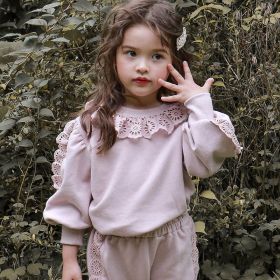 Strawberry Shan Children's Girl Pullover Western Style Lace Loose Pullover Long Sleeve (Option: Pink Lace Sweater-90CM)