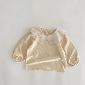 Baby Girl Solid Color Embroidered Pattern Doll-Neck Tops Shirt (Color: Beige, Size/Age: 80 (9-12M))