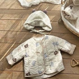Baby Bear Print Pattern Quilted Warm Coat & Jumpsuit (Color: White, Size/Age: 90 (12-24M))