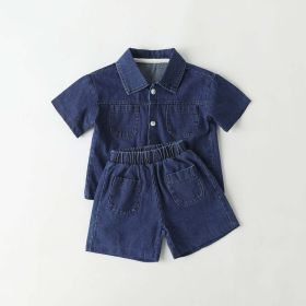Baby Solid Color Butoon Front Denim Shirt Combo Shorts Sets In Summer (Color: Blue, Size/Age: 100 (2-3Y))