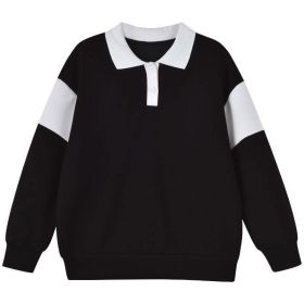 Baby Color Contrast Pattern Quarter Button Design Polo Neck Hoodie (Color: Black, Size/Age: 140 (8-10Y))