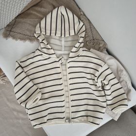 Baby Striped Pattern Single Breasted Design Long Sleeve Coat With Hat (Color: White, Size/Age: 100 (2-3Y))