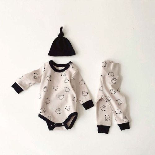 Baby Cartoon Animal Graphic Long Sleeves Bodysuit Combo Pants With Hat Sets Tracksuit