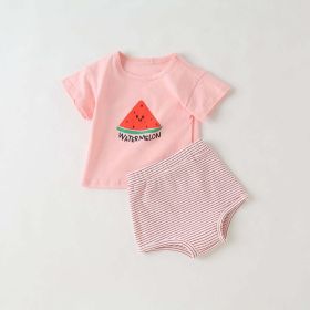 Baby Girl Fruit Pattern Short Sleeve Tops Combo Striped Graphic Triangle Shorts 1 Pieces Sets (Color: Pink, Size/Age: 73 (6-9M))