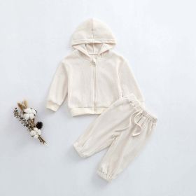 Baby Solid Color Waffle Knit Fabric Coat With Pants 2 Pieces Sets (Color: Beige, Size/Age: 80 (9-12M))