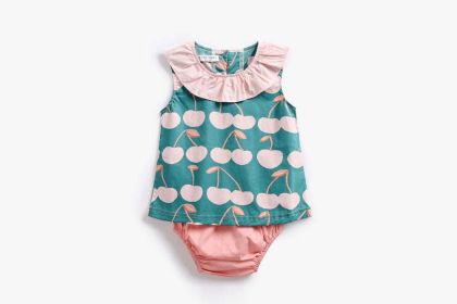 Baby Girl Cherry Print Ruffle Design O-Neck Tops Combo Shorts Sets In Summer (Color: Pink, Size/Age: 100 (2-3Y))