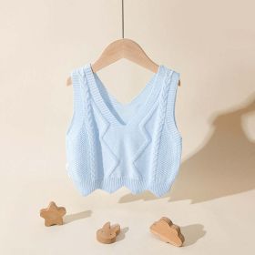 Baby Girl Solid Color Conchet Knitted Graphic V-Neck Sleeveless Vest Sweater (Color: Blue, Size/Age: 90 (12-24M))
