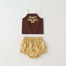 Baby Girl Slogan Pattern Sling Tops Combo Polka Dot Graphic Triangle Shorts 1 Pieces Sets (Color: Coffee, Size/Age: 73 (6-9M))