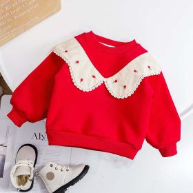 Baby Girl Mesh Patched Pattern Crewneck Pullover Hoodies (Color: Red, Size/Age: 110 (3-5Y))