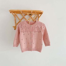 Baby Girl Solid Color Hollow Carved Design Knitted Cardigan (Color: Pink, Size/Age: 100 (2-3Y))