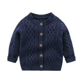 Baby Solid Color Crochet Knitted Pattern Single Breasted Design Sweater Cardigan (Color: Navy Blue (Dark Blue), Size/Age: 73 (6-9M))
