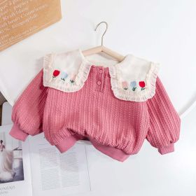 Baby Girl Floral Embroidered Pattern Big Lapel Design Cute Hoodies (Color: Pink, Size/Age: 120 (5-7Y))