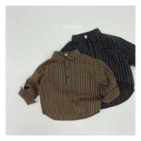 Baby Striped Pattern Quarter Button Design Latest Lapel Shirt (Color: Coffee, Size/Age: 120 (5-7Y))