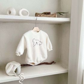 Baby Cartoon Embroidered Pattern Long Sleeve Velvet Onesies (Color: White, Size/Age: 80 (9-12M))