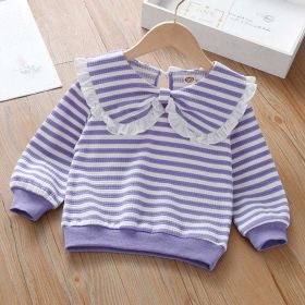 Baby Girl Striped Pattern Bow Doll Neck Pullover Hoodies (Color: Purple, Size/Age: 130 (7-8Y))