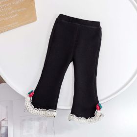 Baby Girl Solid Color Mesh Patched Design Fleece Thickened Pants (Color: Black, Size/Age: 130 (7-8Y))