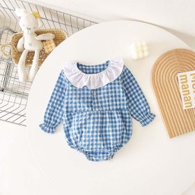 Baby Girl Plaid Pattern Ruffle Neck Design Triangle Sweet Onesies (Color: Blue, Size/Age: 66 (3-6M))