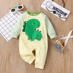 Baby Boy Cartoon Dinosaur Embroidered Pattern Contrast Design Side Button Rompers (Color: Green, Size/Age: 73 (6-9M))