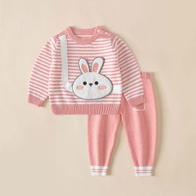 Baby Cartoon Bunny & Striped Graphic Pullover Sweater Combo Trousers 2 Pieces Sets (Color: Pink, Size/Age: 100 (2-3Y))