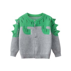 Boys Dinosaur Pattern Round Collar Long-Sleeved Sweater Cardigan (Color: Green, Size/Age: 120 (5-7Y))