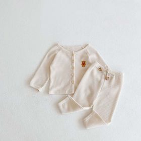 Baby Cartoon Bear Embroidered Graphic Button Front Waffle Knitted Cardigan Combo Pants Sets (Color: Apricot, Size/Age: 80 (9-12M))
