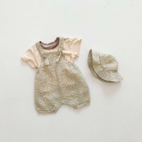 Baby Girl Short-Sleeved Plaid Pattern Backpack Pants With Hat Three Piece Sets In Summer (Color: Khaki, Size/Age: 100 (2-3Y))
