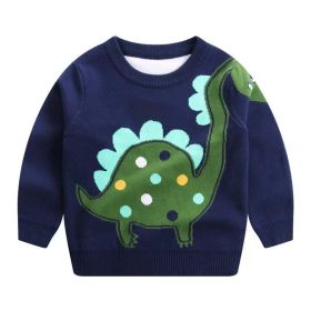 Baby Boy Cartoon Dinosaur Embroidered Pattern Knitted Warm Sweater (Color: Navy Blue, Size/Age: 140 (8-10Y))
