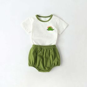 Baby Cartoon Dinosaur Pattern Contrast Neck Tee Combo Solid Shorts Sets (Color: Green, Size/Age: 100 (2-3Y))