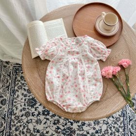 Baby Girl Floral Print Short-Sleeved Round Collar Onesies (Color: Pink, Size/Age: 100 (2-3Y))