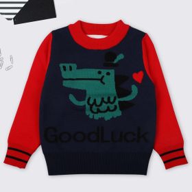 Baby Boy Cartoon Dinosaur Graphic ColorBlock Sleeves Design Fashion Pullover Sweater (Color: Navy Blue, Size/Age: 130 (7-8Y))