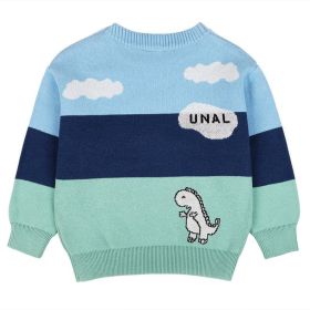 Baby Boy Little Dinosaur Graphic Colorblock Design Long Sleeves Knit Sweater (Color: Blue, Size/Age: 100 (2-3Y))