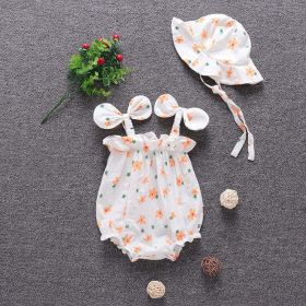 Baby Girl Floral Pattern Bow-Tie Sleeveless Onesies In Summer With Hat (Color: Orange, Size/Age: 66 (3-6M))