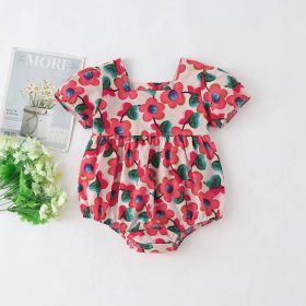Baby Girl Floral Print Square Collar Short-Sleeved Onesies (Color: Red, Size/Age: 73 (6-9M))