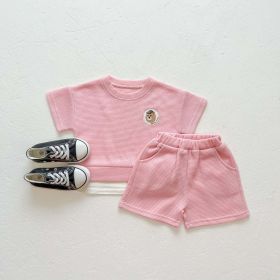 Baby Boys And Girls Bear Print Pattern Solid Color Design Round Neck Short-Sleeved Top Combo Shorts Sets (Color: Pink, Size/Age: 66 (3-6M))