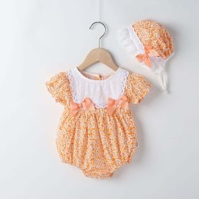 Baby Girl Floral Pattern Lace Patchwork Round Collar Short-Sleeved Colorful Cotton Onesies With Hat (Color: Orange, Size/Age: 90 (12-24M))