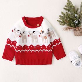 Baby Cartoon Christmas Deer Pattern Shoulder Button Design Knitted Pullover Sweater (Color: Red, Size/Age: 100 (2-3Y))