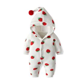 Baby Girl Strawberries Pattern Button Front Double Quilted Romper With Hat (Color: White, Size/Age: 66 (3-6M))