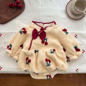 Baby Cherry Pattern Fleece Thickened Warm Onesies Outfits (Color: Apricot, Size/Age: 73 (6-9M))