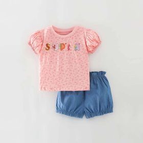 Baby Girl Floral & Slogan Print Graphic Puff Sleeve Tee Combo Denim Shorts Sets (Color: Pink, Size/Age: 130 (7-8Y))