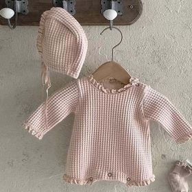 Baby Girl Solid Color Waffle Pattern Lace Design Long Sleeves Triangle Bodysuit (Color: Pink, Size/Age: 80 (9-12M))