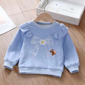 Baby Girl Embroidered Pattern Ruffle Design Fleece Thickened Hoodies (Color: Blue, Size/Age: 140 (8-10Y))