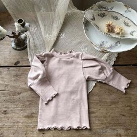Baby Girl Solid Color Lettuce Trim Design Long Puff Sleeves Cotton Shirt (Color: Pink, Size/Age: 100 (2-3Y))