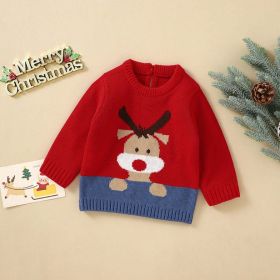 Baby Christmas Elk Pattern Pullover Long Sleeve Knitwear Sweater (Color: Red, Size/Age: 100 (2-3Y))