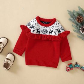 Baby Christmas Elk Embroidered Pattern Pullover Knitted Custom Sweater (Color: Red, Size/Age: 80 (9-12M))