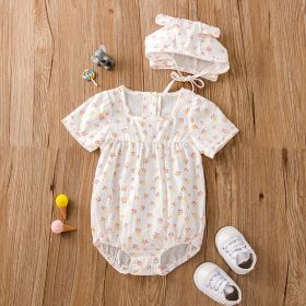Baby Girl Floral Print Square Collar Onesies With Hat (Color: Pink, Size/Age: 73 (6-9M))